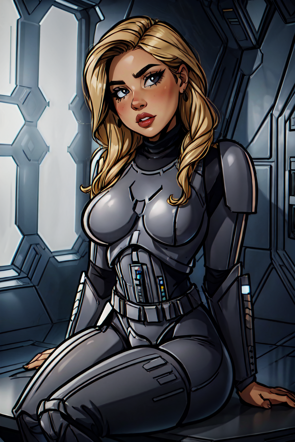 (1girl), ((blonde hair, grey eyes, full lips)), ([:revealing costume design:0.2], stormtrooper, armor, white), ((Sitting, leaning on one hand):1.3), (head tilt, parted lips), (science fiction, scenery), cameltoe, volumetric lights, Ultra HD, official art, Perfect Hands, HairDetail, SkinDetail, OverallDetail,<lora:add_detail:0.8> <lora:balanced lighting image enhancer v1.04:0.8> <lora:backlight_slider_v10:-1.5>  <lora:Stormtrooper:1> <lora:Sexy-Danish:0.8> <lora:sci-fi-v1.2:0.6>