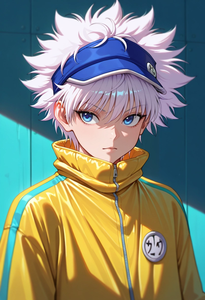 masterpiece, best quality, intricate details, (realistic:0.6), , , 1boy, solo, male focus, <lora:killua_zoldyck_ilxl:1>, killua_zoldyck, white hair, blue eyes, short hair, spiked hair, bangs, messy hair, , windbreaker, scally cap