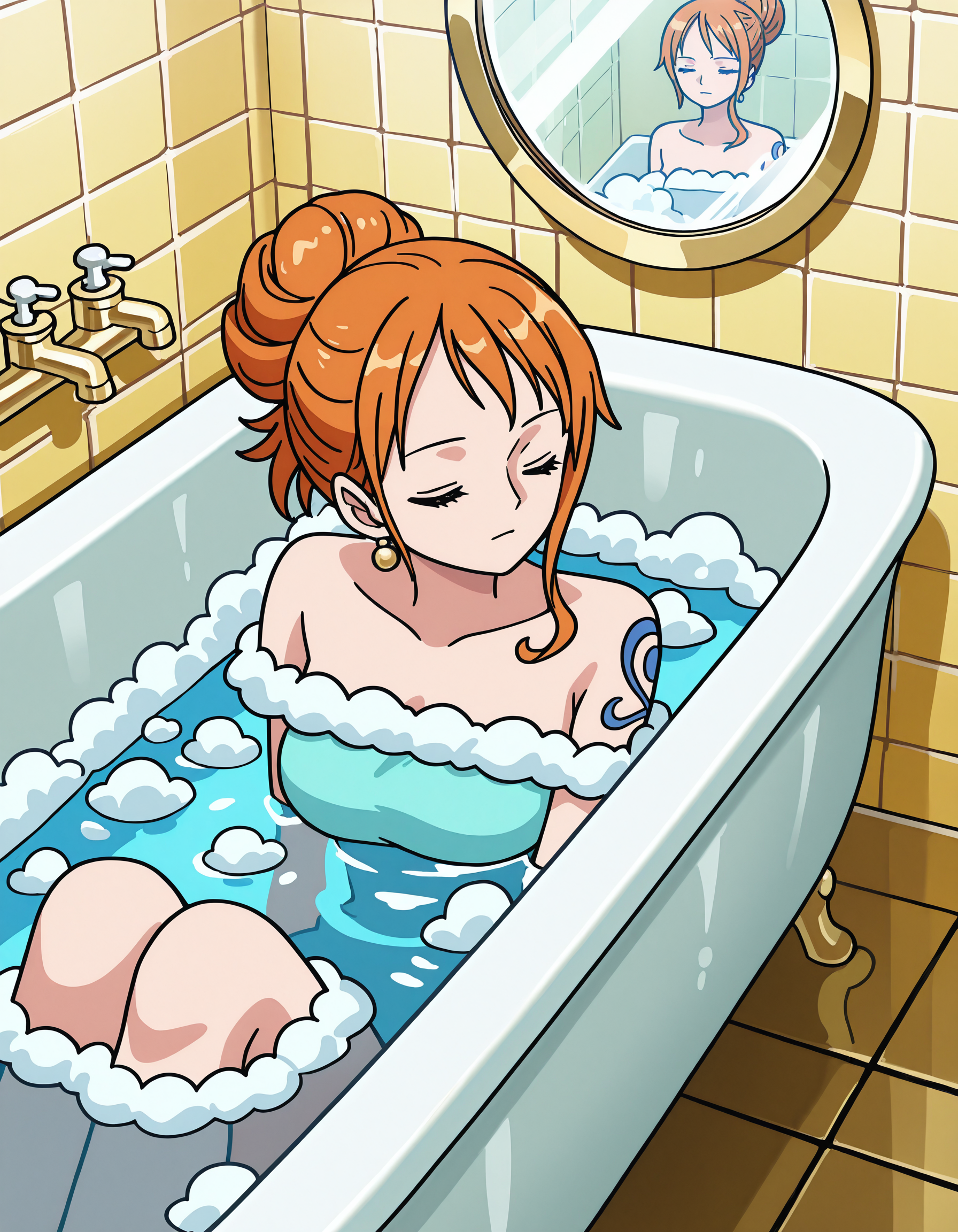masterpiece, best quality, newest, absurdres, highres, anime coloring, NaOPmi24, 1girl, orange hair, nami, hair bun, in bathtub, bubbles, closed eyes, relaxed, gold earrings, facing left, shoulders visible, bathroom, white marble wall, dark wood floor, silver faucet, black countertop, porcelain sink, round mirror, reflection, serene atmosphere, peaceful ambiance,   <lora:Nami-Anime-2024-Illous_r1:0.95>