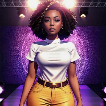 a photo portrait of a beautiful African, dark skin, woman in fashion, dress, pants, blouse, (tiny waist, peach butt, thick thighs), walking the catwalk, (audience background), art by fs2023, smooth, clear, crisp, best quality masterpiece, photorealistic, detailed, 8k, HDR, shallow depth of field, broad light, high contrast, backlighting, bloom, light sparkles, chromatic aberration, sharp focus, RAW color photo, cinematic lighting, octane render, volumetric lighting