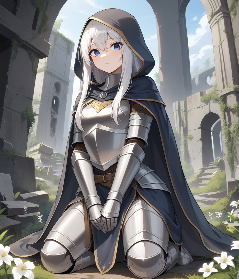 1girl, armor, blue eyes, cape, cloak, dress, flower, hood, kneeling, knight, long hair, looking down, sidelocks, solo, white hair, score_9, best quality, ruins, nature, sky, looking at viewer, diadem,