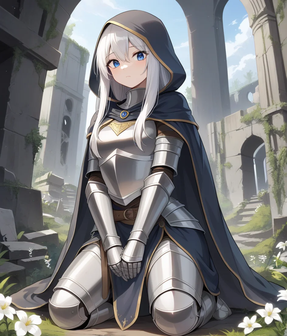 1girl, armor, blue eyes, cape, cloak, dress, flower, hood, kneeling, knight, long hair, looking down, sidelocks, solo, white hair, score_9, best quality, ruins, nature, sky, looking at viewer, diadem,