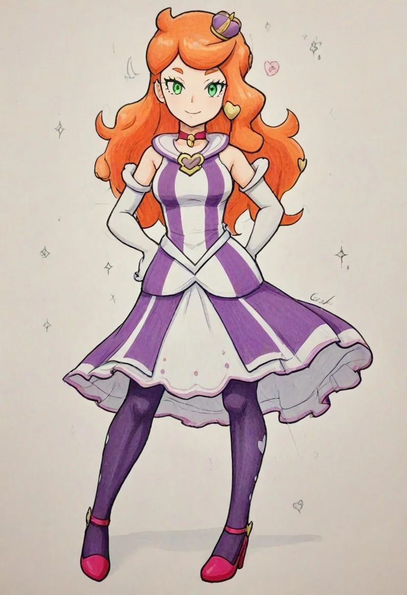 2d, masterpiece, best quality, amazing quality, 1girl, solo, full body, simple background, traditional media, sketch, detailed lines, manga style , pencil sketch style, soft shading, soft delicate features,
scsonia, ex colors, green eyes, orange hair, long hair, heart hair ornament, purple mini crown, red choker, purple dress, long dress, sleeveless, bare shoulders, elbow gloves, white gloves, knees, purple pantyhose, high heels, pink footwear