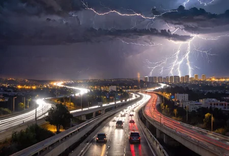cars on the freeway, bright lights and thunder