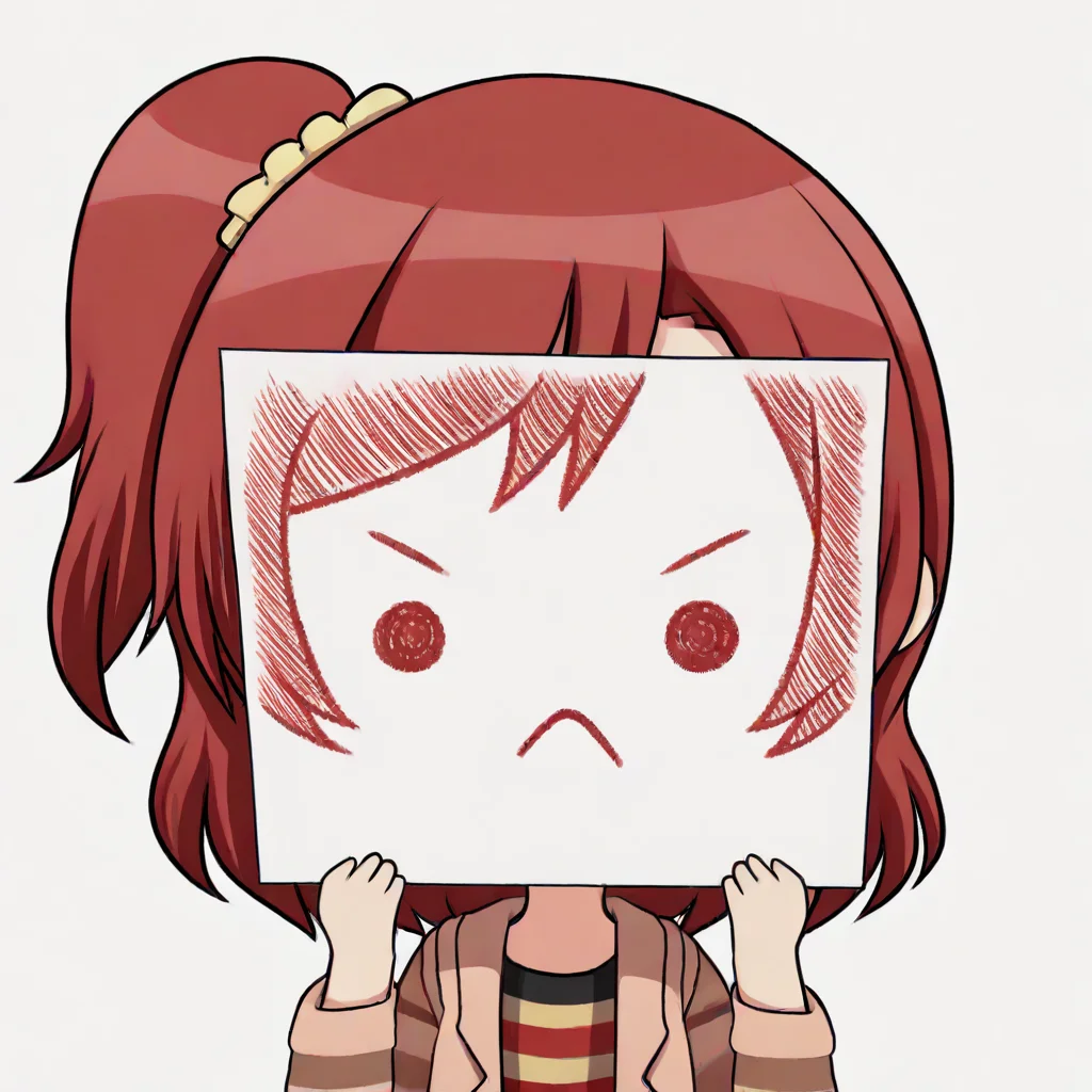 score_9, score_8_up, score_7_up, <lora:PaperLikeFacePony:0.8>
PaperLikeFace, 1girl, solo, short hair, simple background, red hair, wearing a striped shirt under a brown jacket, long sleeves, white background, upper body, holding paper, chibi, frown, transparent background, :<, striped shirt, one side up,