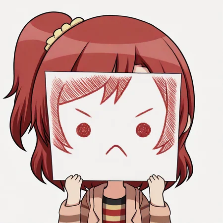 score_9, score_8_up, score_7_up, <lora:PaperLikeFacePony:0.8>
PaperLikeFace, 1girl, solo, short hair, simple background, red hair, wearing a striped shirt under a brown jacket, long sleeves, white background, upper body, holding paper, chibi, frown, transparent background, :<, striped shirt, one side up,