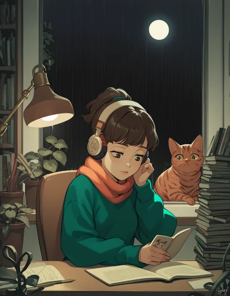 score_9, score_8_up, score_7_up, source_anime, <lora:lofigirl-ponyxl-000021:1> 1girl, lfg, sweater, scarf, pants, headphones,
studying, pencil, looking down, desk, bookshelf, cat, window, indoors, night, raining