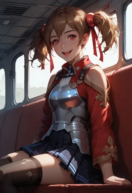 score_9, score_8_up, score_7_up, 1girl, silica, solo, skirt, brown hair, open mouth, red eyes, thighhighs, breastplate, twintails, white background, black skirt, pleated skirt, armor, smile, ribbon, bus station, bus stop, public place nighttime vibrant lighting, street lights, high contrast, dramatic shadows, highly detailed, detailed skin, depth of field, tilted angle, moody lighting, exy pose,professional lighting, perfect quality, high quality, photorealistic, sitting, (((supermodel))),((goddess))