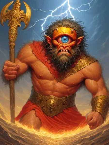 sandals, eye focus, polearm, orange background, sky, chainmail, male focus, lightning, tusks, fangs, chest hair, yellow eyes, web address, scar, 1other, scar on chest, one eye closed, red cape, trident, blue sky <lora:cyclopes:1>