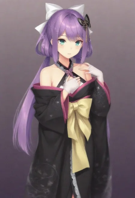 masterpiece, best quality, amazing quality,,, shiny skin,,,,,,,,nijiritsuki,,green eye,purple hair,makeup,long hair,low twintails,butterfly ornament,hair bow,white bow,hair flower,nijiritsukicos,black kimono,floral print kimono,frill-trimmed kimono,lace-trimmed kimono,off shoulder,bare shoulder,x-cross halterneck,long sleeves,wide sleeves,long skirt,obi,sash,waist bow,long bow,white lace gloves,long gloves,fingerless gloves,