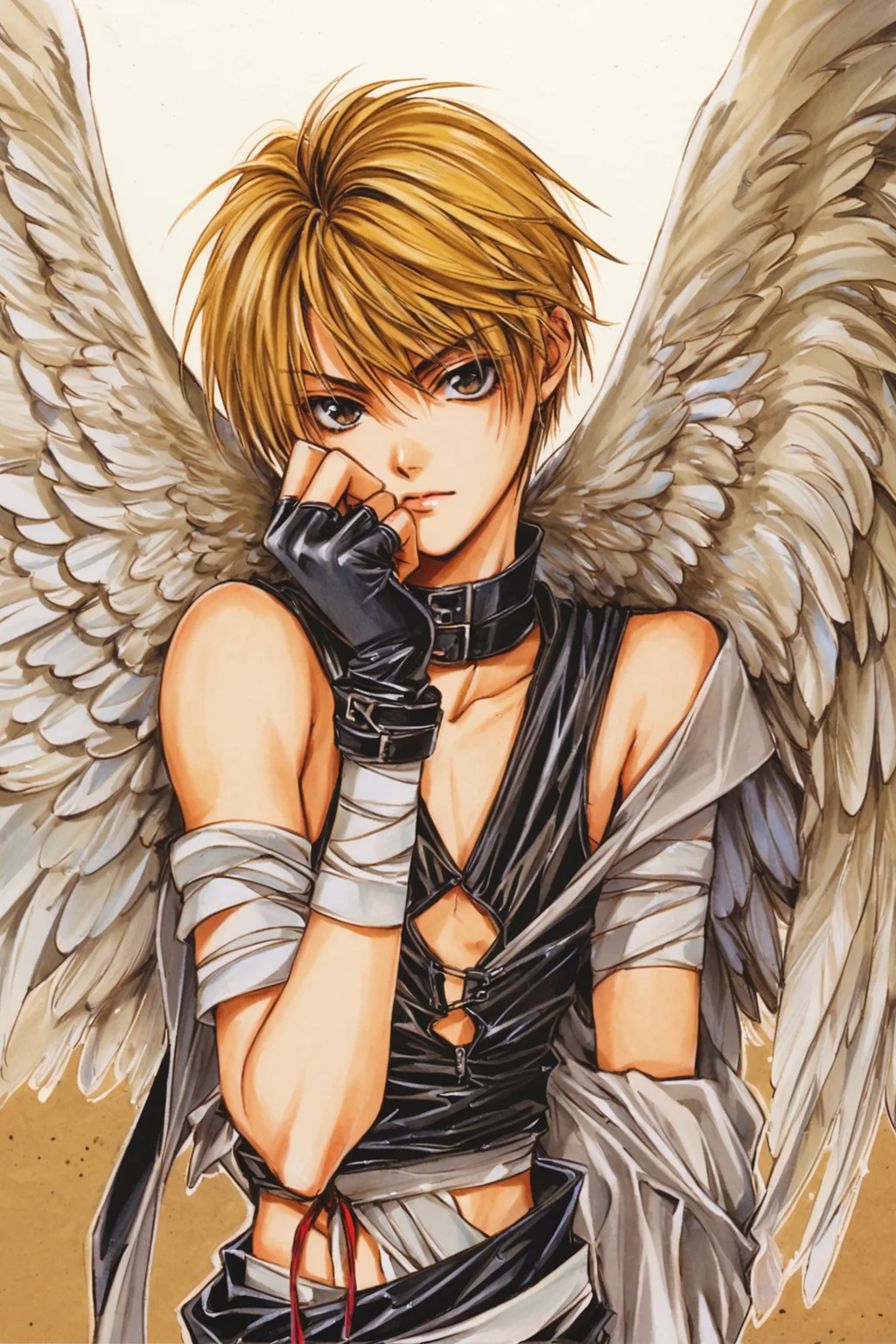solo,male focus,wings,1boy,blonde hair,gloves,fingerless gloves,bandages,angel wings,feathers,looking at viewer,androgynous,brown hair,upper body,traditional media,<lora:Yuki Kaori_XL:0.8>,