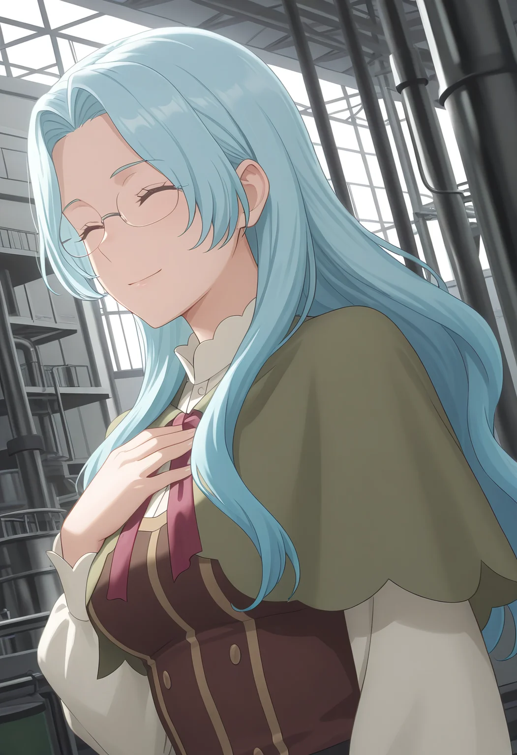 Smooth Quality,masterpiece, ultra realistic,
factory,
dutch angle,^ ^,hand on own chest,
<lora:EvaLuria:0.8> Eva/Cnn, Sist2/Cnn, 1girl, glasses, long hair, blue hair,green capelet,glasses,