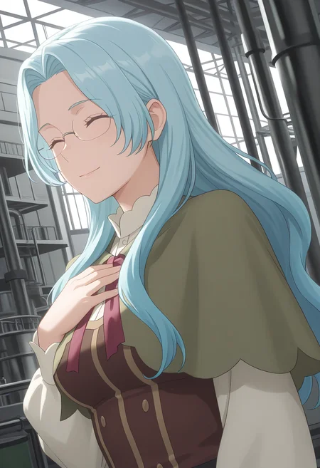 Smooth Quality,masterpiece, ultra realistic,
factory,
dutch angle,^ ^,hand on own chest,
<lora:EvaLuria:0.8> Eva/Cnn, Sist2/Cnn, 1girl, glasses, long hair, blue hair,green capelet,glasses,