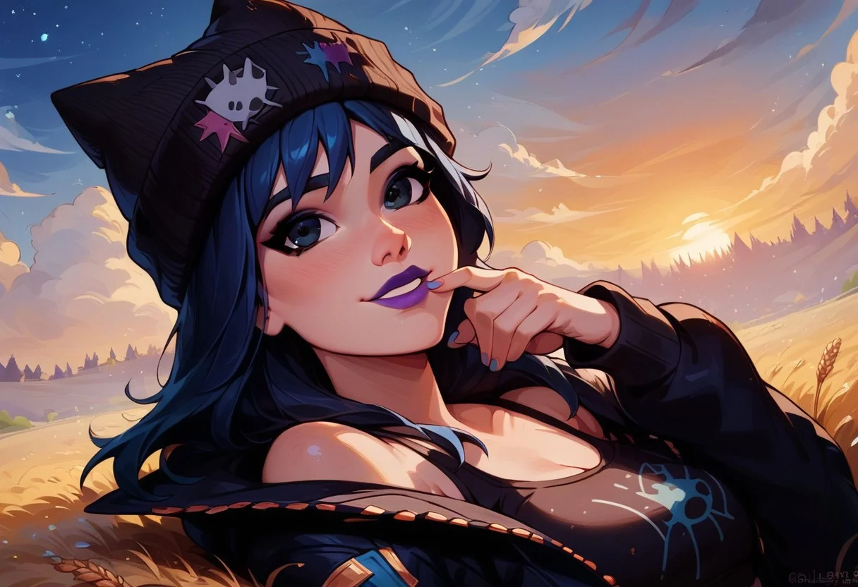score_9, score_8_up, score_8, laying in field, wheat field, extended arm, magical, relaxing, sunset, starry skies, look up, sports bra, loose jacket, hope_fortnite, blue hair, beanie, sexy, cute face, kawaii girl, smiling, posing, posing at an angle, dynamic sexy pose, very cute, adorable, shiny skin, volumetric lighting, aesthetic design, dramatic angle, dramatic framing, cinematic framing, y0tt4