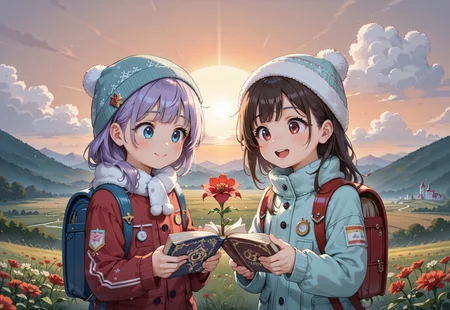 score_9,score_8_up,score_7_up,source_anime ,absurdres,detailxl,zPDXL3,
(Masterpiece:1.3),(best quality:1.2),high resolution,high quality,detailed,cute details, 2girls, (ultra HD quality details), anime, slightly chibi, thick winter clothing, backpack, one girl is holding a book the other is holding a flower, ((holding red flower)), ((holding book)), (inspecting flower), looking at flower, excited look, :D, (detailed image, high resolution, 5k resolution:1.0), Expressiveh, red sunset lighting, open field, crop field, grain field, light snow
<lora:ColorRoughSlider:-0.1>,
<lora:zy_Detailed_Backgrounds_v1:0.6>, basukechi_style