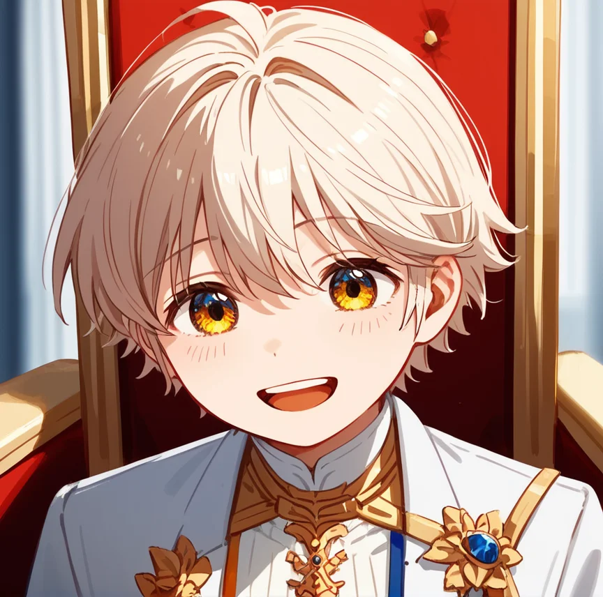 score_9,score_8_up,score_7_up,score_6_up,best aesthetic,absurdres,intricate details,best quality,masterpiece,source_anime,anime coloring,male focus,solo_focus,<lora:Farma_de_Médicis:1> 1boy, laughing , blond hair, short hair, kid, boy, 10 years old, in white suit, in throne room, renaissance clothes, close up ,close face