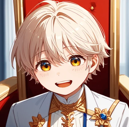 score_9,score_8_up,score_7_up,score_6_up,best aesthetic,absurdres,intricate details,best quality,masterpiece,source_anime,anime coloring,male focus,solo_focus,<lora:Farma_de_Médicis:1> 1boy, laughing , blond hair, short hair, kid, boy, 10 years old, in white suit, in throne room, renaissance clothes, close up ,close face