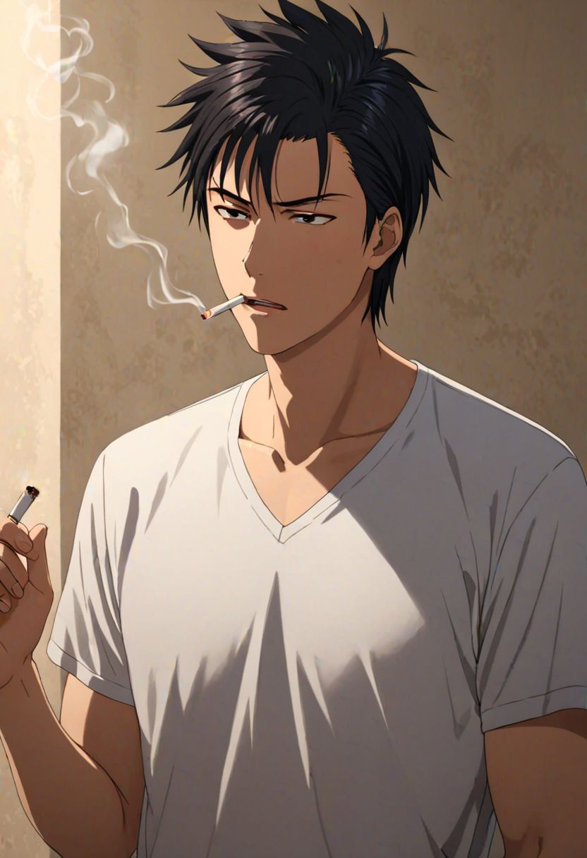 Highres, Masterpiece, High Quality, 4K, Soujiro Agata, 1boy, solo, black hair, v-neck t-shirt, desperate, smoking, cigarette, Realistic Light