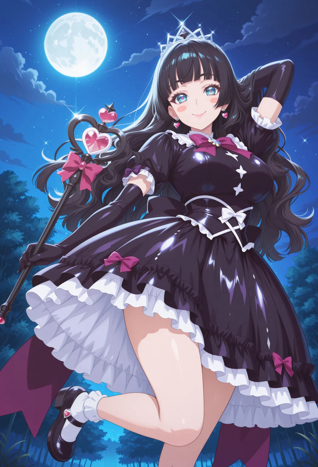 1girl, solo, bright blue eyes, black hair, long hair, wavy hair, hair down, bangs, hime cut, blush stickers, masterpiece, best quality, absurdres, large breasts,
(pastel colors, pastel purple, gothic, magical girl), dark magical girl, padded magical girl dress, kawaii, frilled skirt, thighhighs, padded black dress, multilayered dress, petticoat, padded dress, puffy short sleeves, elbow gloves, tiara, gem brooch, large bow, ribbons, lace trim, frills, satin, sparkles, glitter, heart earrings, sparkling accessories, jewelry, bobby socks, frilled mary janes,
lipgloss, eyelashes, blush, light makeup,
outdoors, nature, clouds, overcast, moon, night,
solo, feet out of frame, standing on one leg, happy smile, one arm up, holding magical girl wand, black heart scepter,
intricate, highly detailed, majestic, shallow depth of field, movie still, circular polarizer, light reflections, light particles, particles