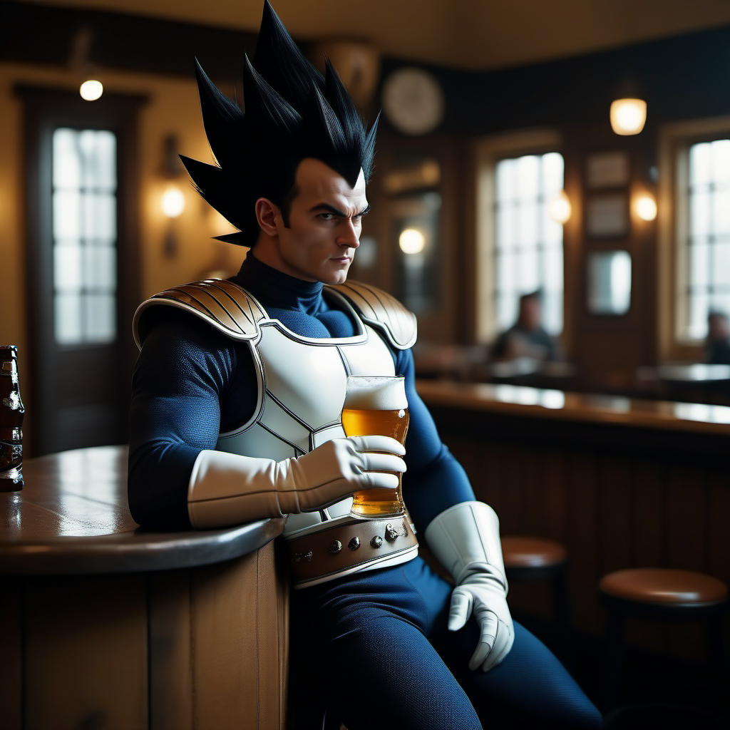cinematic photo a full body portrait of a man, black spiked hair, saiyan armor, white gloves, white boots, tail, solo, having a beer in a pub <lora:Vegeta1024:0.8> . 35mm photograph, film, bokeh, professional, 4k, highly detailed