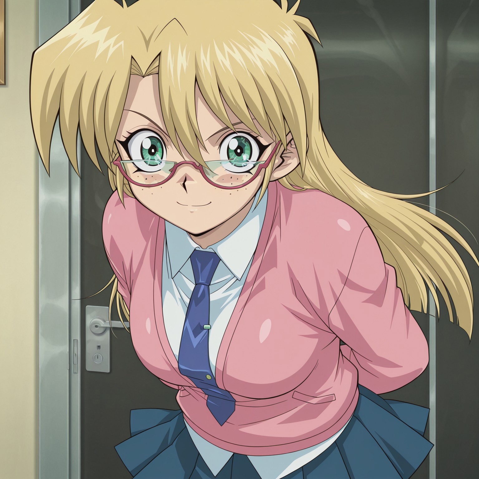 masterpiece, best quality, amazing quality, amazing quality,very aesthetic,absurdres,best quality,newest,masterpiece, breasts, anime screencap, anime artstyle, winking, happy, breasts, anime screencap, anime coloring,safe_pos, safe_pos, score_9, score_8_up, score_7_up,yu-gi-oh!, rebecca hawkings, blonde hair, long hair, glasses, green eyes, freckles, skirt, uniform, necktie