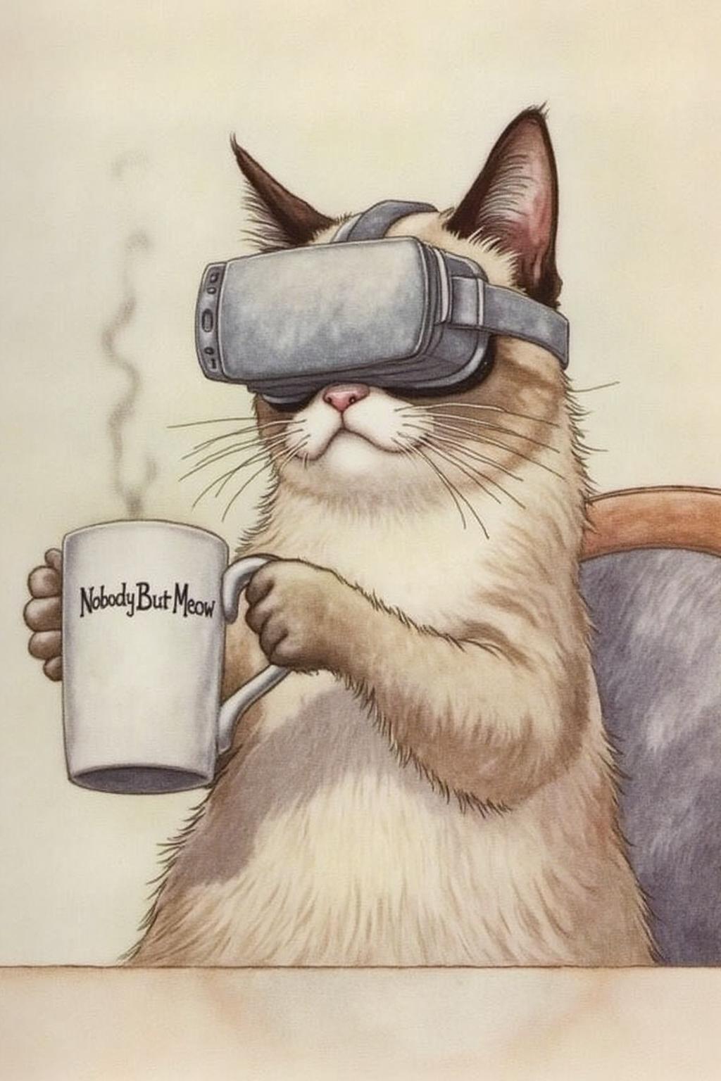 charob1 illustration.
Grumpy Cat holidng a coffee mug, wearing a VR Headset. The mug has the phrase "NobodyButMeow" printed,
  <lora:charob1_cap_d6a3e11:1.0><lora:824700950238410742:0>