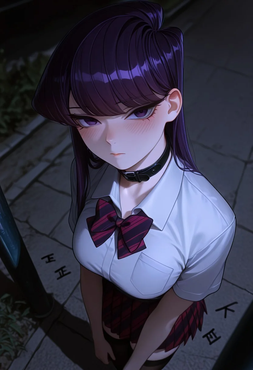 masterpiece, absurdres,best quality, incredibly absurdres, dark_theme, from above, dynamic angle, 1girl, solo, komi san, thighhighs, tight, purple eyes, purple hair, long hair, school uniform, bangs, looking at viewer, collar, closed mouth, blush, outdoors, tally, medium breasts, depth of field, dim lighting
