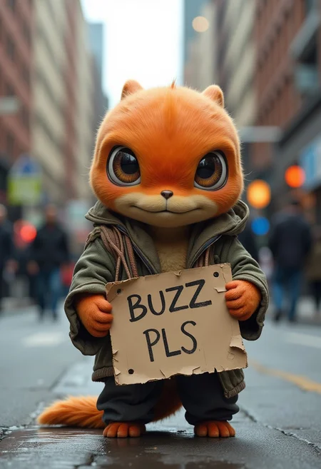 realistic photo of charmander, homeless, dirty, innocent looking, holding a torn cardboard with "BUZZ PLS" written, standing on the sidewalk of a busy city street