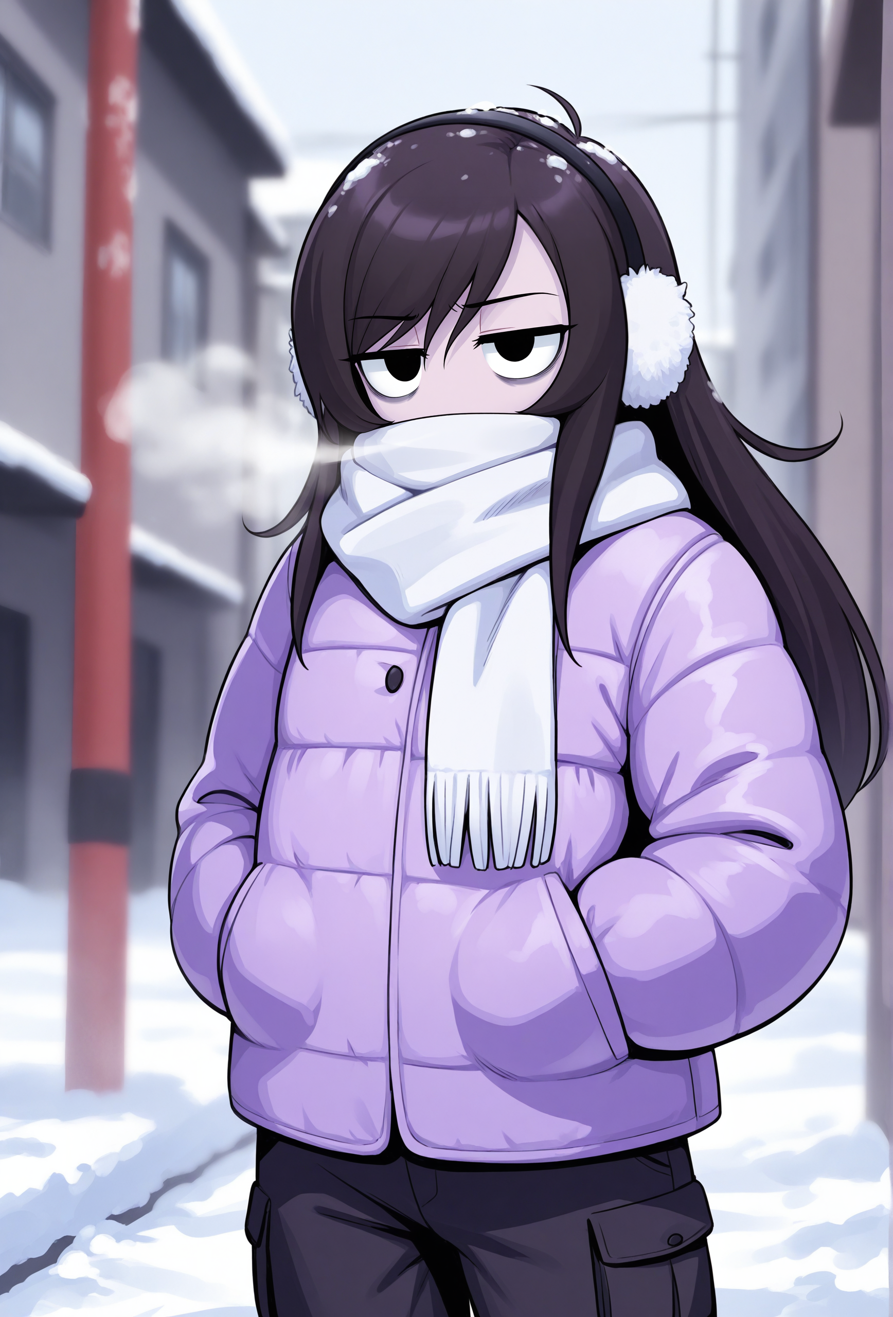 masterpiece,best quality,amazing quality, <lora:rosemary_cabronpr_illustrious_v1f:0.75> rosemary, 1girl, solo, black eyes, no nose, long hair, bags under eyes, jitome, earmuffs BREAK
(depth of field:1.3), purple coat, winter coat, puffy jacket, white scarf, scarf over mouth, black pants, cargo pants, winter, snow, urban