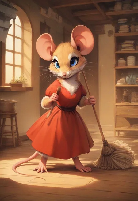 score_9, score_8_up, score_8, solo, fluffy, (feral), indoors, toes, furry, (((mouse))), female, blue eyes, yellow fur, chest, claws, (fluffy cheeks:0.7), (red dress), in the style of beatrix potter, sweeping, broom, working, (looking at floor), (solo:2)