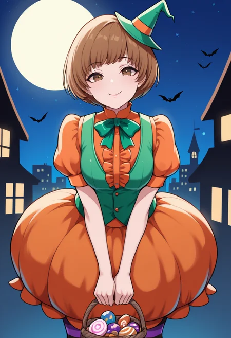 masterpiece, best quality, newest, solo, 1girl, ch1ehalloween, smile, looking at viewer, v arms, holding basket, short hair, brown hair, green headwear, mini witch hat, brown eyes, green vest, orange shirt, center frills, green bowtie, puffy short sleeves, orange skirt, bubble skirt, purple pantyhose, black pantyhose, striped pantyhose, outdoors, night, full moon, star \(sky\), halloween, city