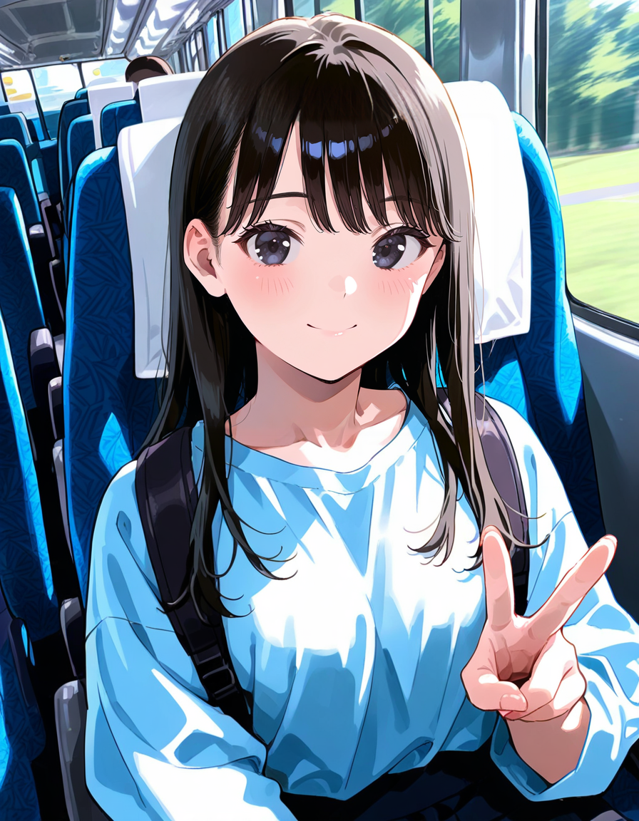 score_9, score_8_up, score_7_up, anime, solo, 1girl, one girl, 
Black hair, (chest length hair:1.2), Straight Hair, bangs, one tucked behind ear, black eyes, feature large highlight, feature double highlights, shaped eyeblow,
sensitive,
<lora:ensoku:1>, ensoku, 
v, multiple girls, backpack, shirt, sitting, inside the bus, seat,
(kasukabe akira:0.5), (masterpiece:1.3), best quality, high resolution, unity 8k wallpaper, (illustration:1.2), 8K,