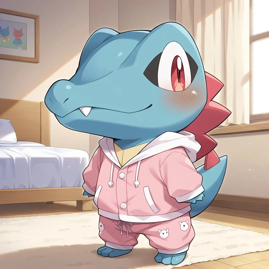 score_9, score_8_up, score_7_up, source_anime, source_furry,rating_explicit,bedroom,indoors,BREAK ,chibi,
solo,totodile, pokemon (creature),female,
clothing,pink clothing,jyojifuku, pajamas, hood,baggy pajama pants,
white pajama pants,