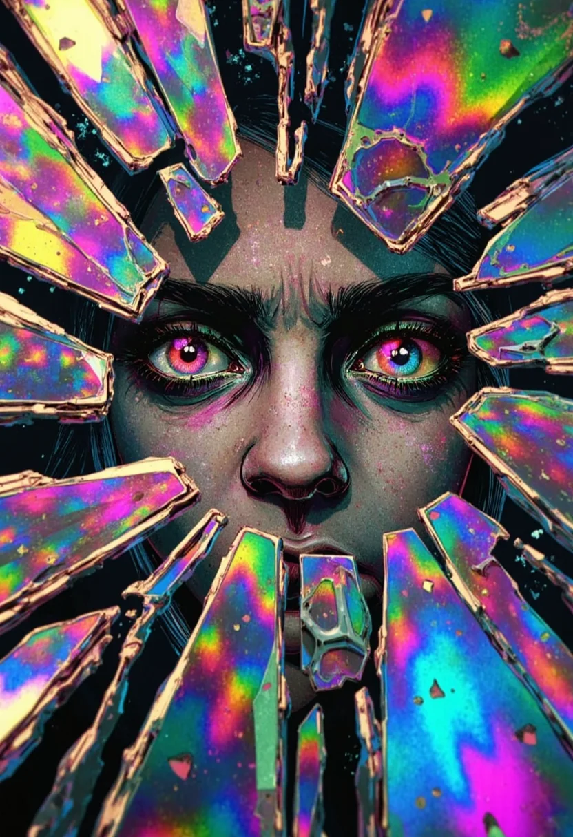 ArcaneFGTNRhigh A surreal and captivating artwork of a shattered rainbow glass mirror, each shard reflecting a mesmerizing array of iridescent colors. The fragments are suspended in mid-air, creating a dynamic composition that feels otherworldly. In the largest central shard, a pair of stunning, expressive eyes stare intensely into the broken glass. The eyes are beautifully detailed, with vibrant, multicolored irises that mirror the rainbow hues of the shattered glass