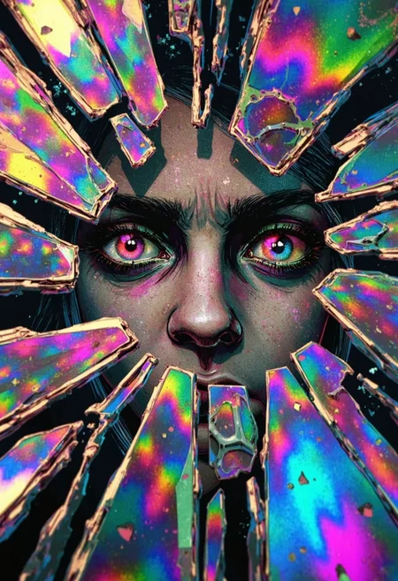ArcaneFGTNRhigh A surreal and captivating artwork of a shattered rainbow glass mirror, each shard reflecting a mesmerizing array of iridescent colors. The fragments are suspended in mid-air, creating a dynamic composition that feels otherworldly. In the largest central shard, a pair of stunning, expressive eyes stare intensely into the broken glass. The eyes are beautifully detailed, with vibrant, multicolored irises that mirror the rainbow hues of the shattered glass