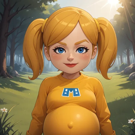 score_9, score_8, BREAK, solo, wii, mii, wii sports, 1girl, female mii, blue eyes, blush, blonde hair, blonde eyebrows, twintails, yellow clothing, white pants, sneakers, nintendo mii, modern_mii, classic_mii, pavika_\(\\oc_mii\\\), breasts, lips, (((pregnant))), adult female, mature female, sexy pose, self portrait, smile, outdoors, sunlight, shadows, evening lighting, natural lighting, forest, trees, grass, orange sky, sunset