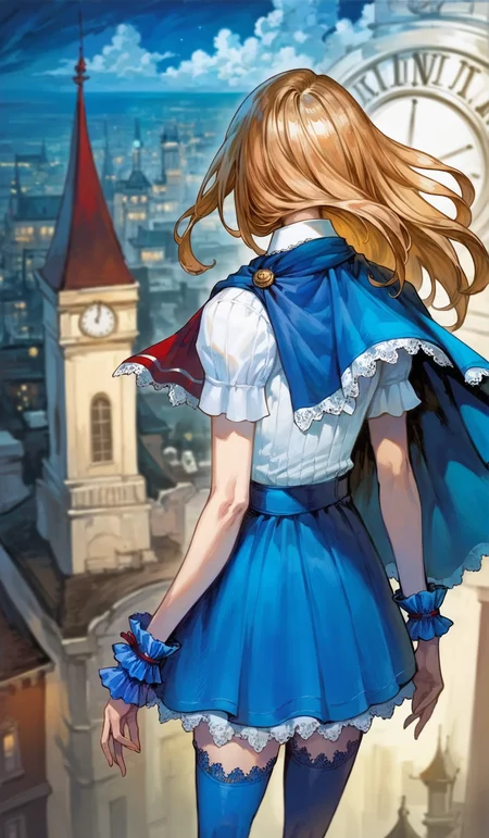score_9,score_8_up,score_7_up,
highres,highly detailed,
<lora:CharlotteAulin:1>,
charlotteaulin,
1girl,solo,
brown hair,long hair,
blue cape with white lace trim,white dress,white lace trim collar,red tie with white lace trim,short puffed sleeves,blue wrist cuffs,(blue wrap skirt:1.1),
blue lace thigh socks,
from rooftop,back view,from above,overlook,
full moon,blurry background,vignetting,outdoors,dark,light particles,bell tower in the background,(night:1.2),cloudy,fog,clock tower,big bam,london,midnight,