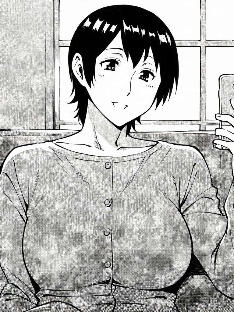 score_9, score_8_up, score_7_up,  
1girl, monochrome, yuki kaasan, mature female, short hair, black hair, large breasts,

sitting, couch, upper body, smile, holding phone, looking at phone, t-shirt, long sleeves, buttons,
