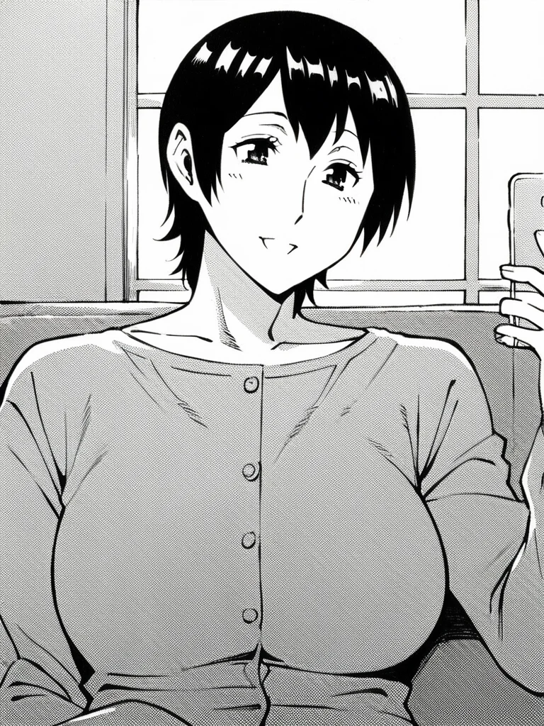 score_9, score_8_up, score_7_up,
1girl, monochrome, yuki kaasan, mature female, short hair, black hair, large breasts,
sitting, couch, upper body, smile, holding phone, looking at phone, t-shirt, long sleeves, buttons,