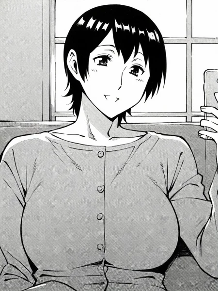 score_9, score_8_up, score_7_up,
1girl, monochrome, yuki kaasan, mature female, short hair, black hair, large breasts,
sitting, couch, upper body, smile, holding phone, looking at phone, t-shirt, long sleeves, buttons,