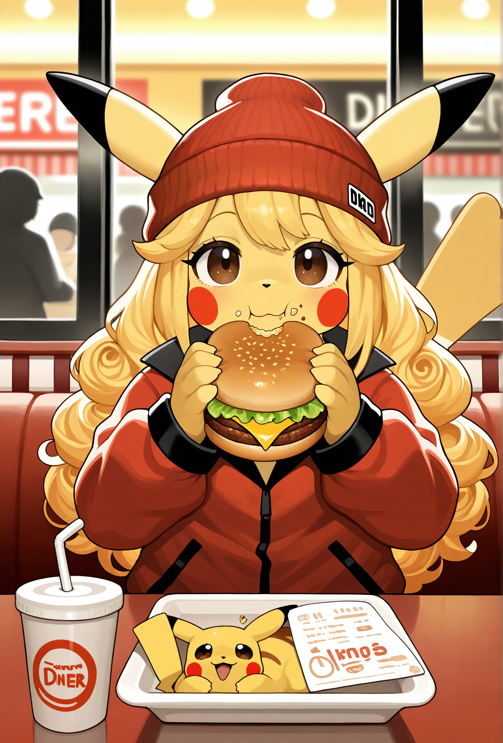 masterpiece,best quality,amazing quality, <lora:menthak0_style_illustrious_v1f:1> mk0style, 1girl, pikachu, furry, furry female, yellow hair, curly hair, long hair, red beanie, brown eyes, food on face, eating burger, looking at viewer, BREAK
red jacket, black trim, yellow trim, diner, restaurant, depth of field, people, solo focus, food