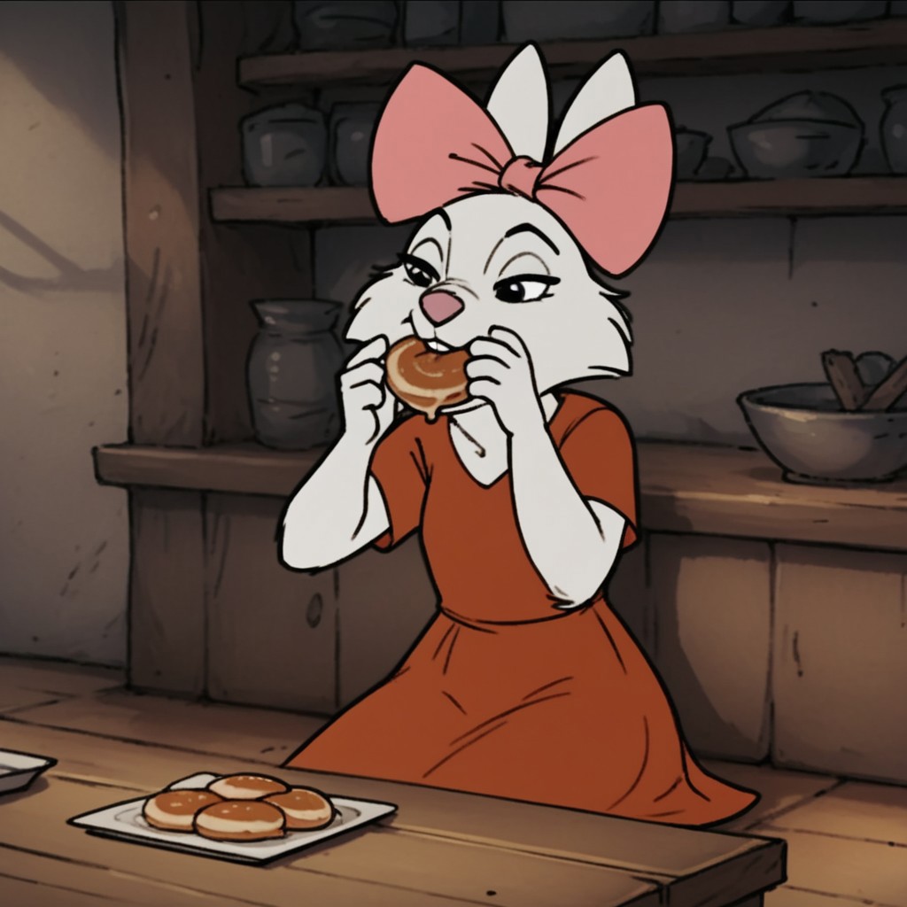 score_9, score_8_up, score_7_up, score_6_up, score_5_up, score_4_up, source_furry, sisrabbitRH, semi-anthro, female, rabbit, white fur, red dress,  pink hair bow, sitting, at a table, eating breakfast