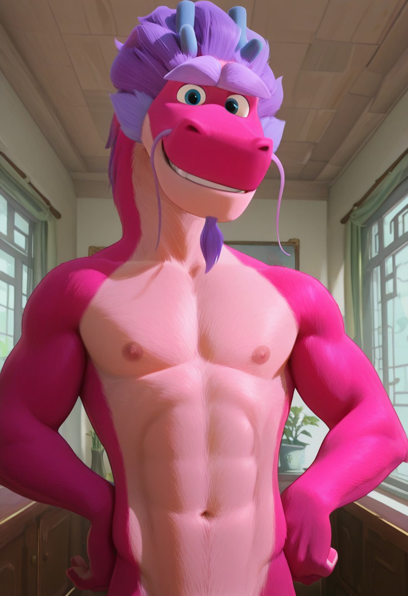 masterpiece, best quality, amazing quality, very aesthetic, absurdres, newest,  high quality, detailed, LongZhu, 1boy, male, solo male, mature male, anthro, dragon, eastern dragon, pink body, light underbelly, blue horns, big eyebrows, light violet eyebrows, purple beard, purple mustache, blue eyes, smiling, looking at viewer, furnished interior, detailed background, half-body, standing, athletic build