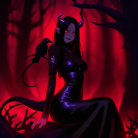 masterpiece, A dark, sensual demon girl with small horns and a long, pointed tail poses in a spooky forest. She's wearing a tight black dress with leather and metal details, her hair is black as night, her hair is straight. A crow sits on her shoulder, as she watches with an enigmatic smile. The forest is filled with twisted trees and thorny bushes, and a dim red light illuminates the scene. Art style: gothic, dark, fantasy, dramatic lighting.