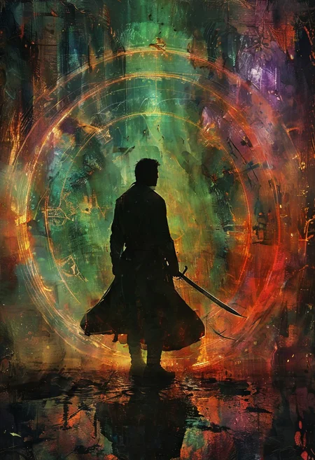(masterpiece), best quality, (4K), (cinematic green lighting), Colorful, vibrant, 40 years old, male warrior with a sword in one hand and a ball of fire in the other, spot color, highly detailed, sharp, high resolution, 4K, UHD, 8K, masterpiece, ultra_high_resolution, OverallDetailXL, sci-fi, medieval neon lights, gloe, dramatic contrast, extraordinary, hyperrealistic, cinematic lighting, complex, immersive, intricate, messy, chaotic, purple water, white storm, Black on both sides, <lora:Lost_In_Dreams:0.6>, <lora:RMSDXL_Creative:0.8>, Volumetric lighting, <lora:Dreamyvibes artstyle SDXL - Trigger with dreamyvibes artstyle:0.7> Dreamyvibes Artstyle