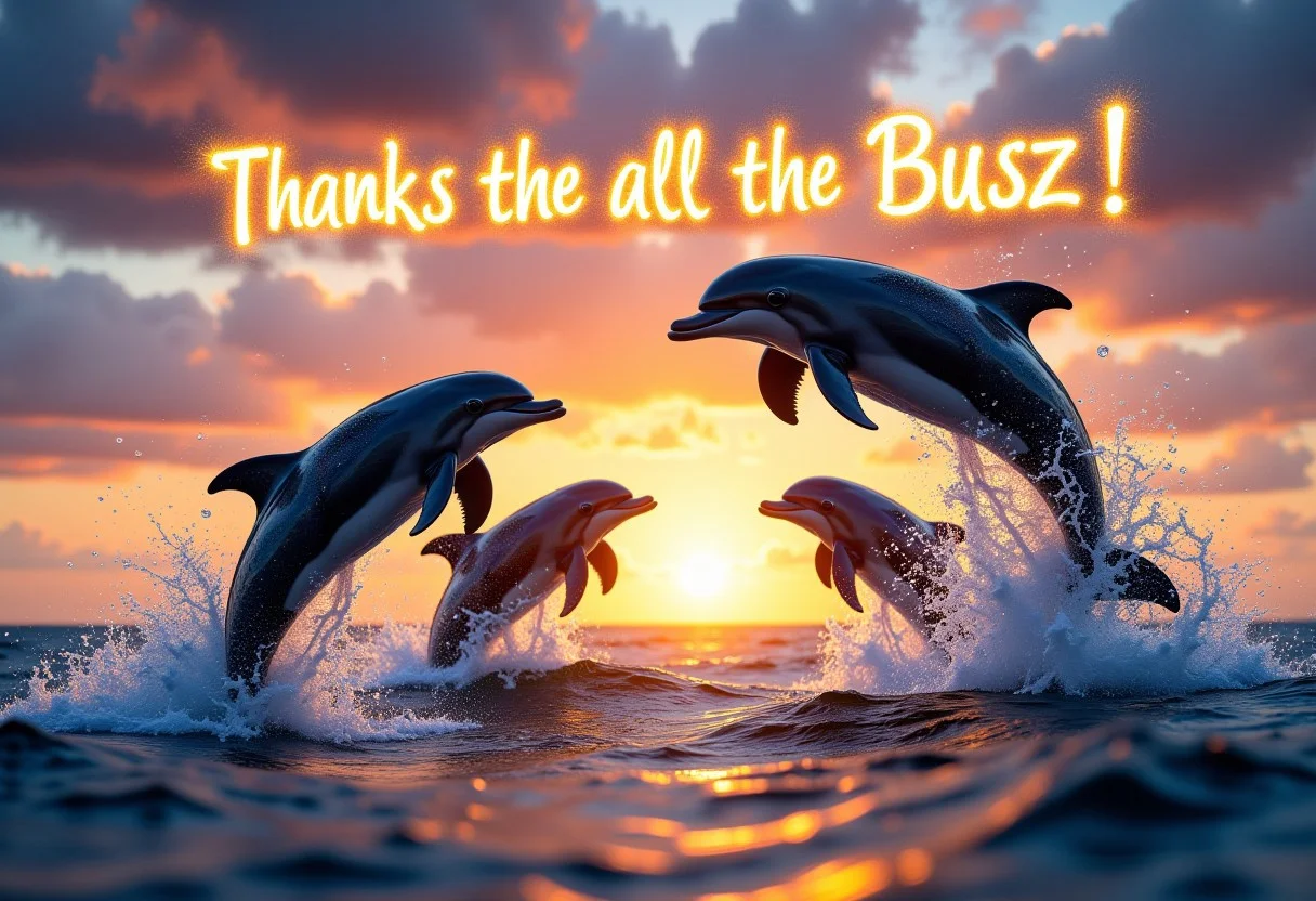 Dolphin's leaping out of the ocean and flying up into the sky, water glistening off the dolphin's, wet, sunset,
((sparkly letters in the sky over the dolphin's that spell out "Thanks for all the ((Buzz))!":1.5)),
high resolution, detailed, 4k, realism, rule of thirds, golden ratio, depth of field,