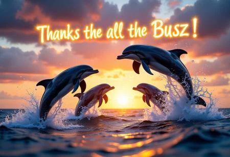 Dolphin's leaping out of the ocean and flying up into the sky, water glistening off the dolphin's, wet, sunset, 
((sparkly letters in the sky over the dolphin's that spell out "Thanks for all the ((Buzz))!":1.5)), 
high resolution, detailed, 4k, realism, rule of thirds, golden ratio, depth of field,