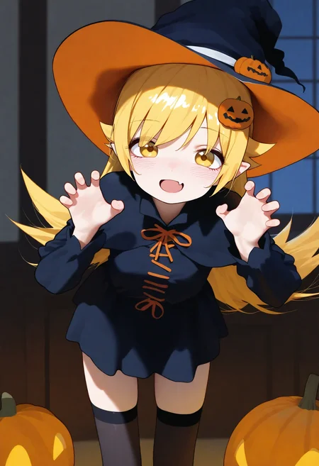 masterpiece, best quality, good quality, sbmssvmt,
oshino shinobu, 1girl, solo, long hair, looking at viewer, blush, smile, open mouth, blonde hair, long sleeves, hair ornament, dress, thighhighs, hat, yellow eyes, pointy ears, indoors, fang, black thighhighs, black dress, black headwear, window, capelet, leaning forward, night, witch hat, skin fang, halloween, jack-o'-lantern, food-themed hair ornament, witch, claw pose, pumpkin, black capelet
<lora:ai_styles_collection_noob_vpred-1.0-v4.02:1>
