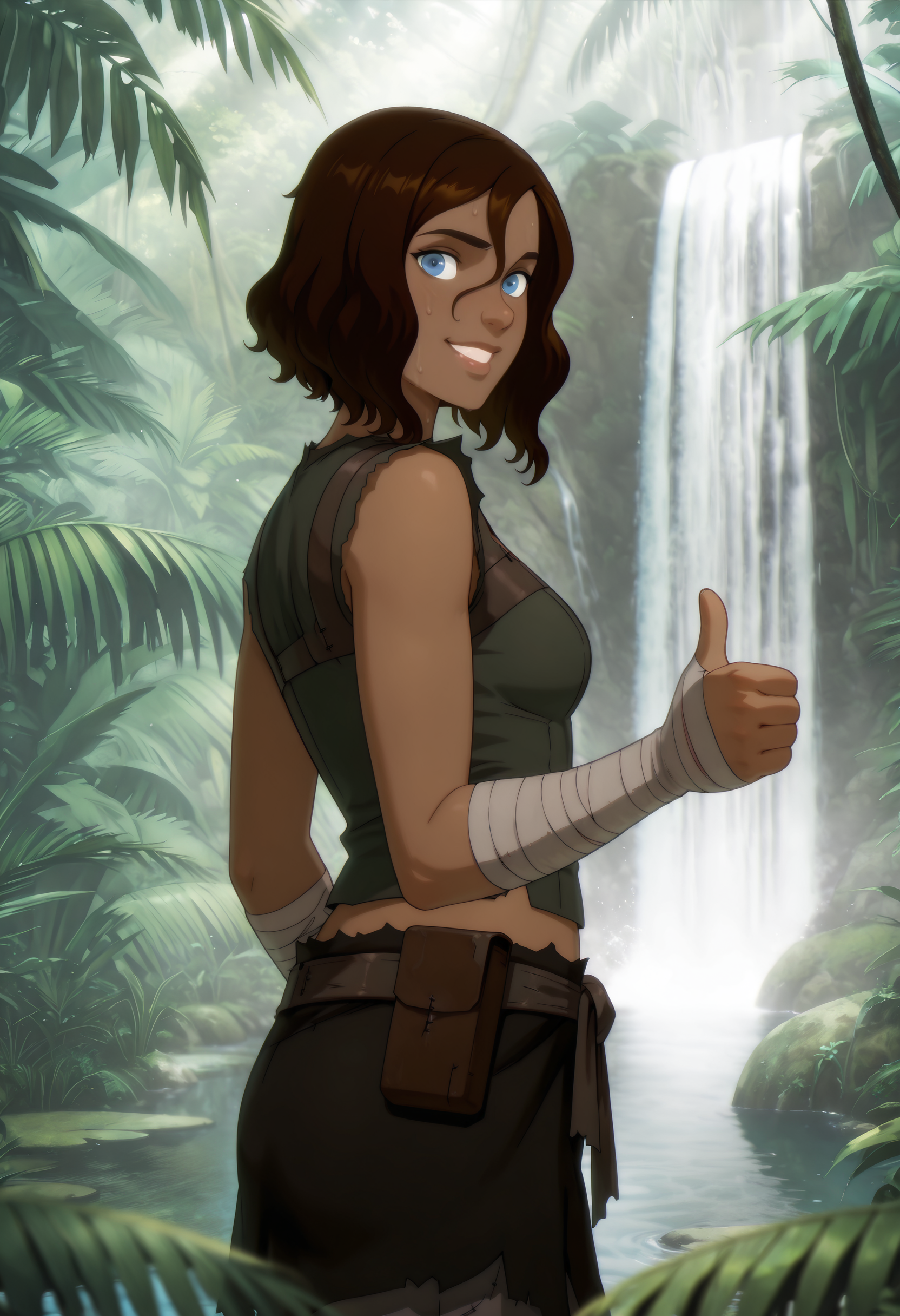 la_Ark_Helena, masterpiece, best quality, highres, absurdres, dark-skinned female, shoulder-length hair, wavy hair, brown hair, blue eyes, sleeveless top, torn top, green top, green top with leather accent, exposed shoulders, patched and worn gray pants, brown knee patches, black torn fabric around waist, grey knotted belt, bandages, bandages on forearms, brown pouch on belt, bandaged shins, rugged brown ankle boots, leather footwear, jungle, depth of field, waterfall in background, foliage, walking, upper body, thumbs up, smile, looking at viewer