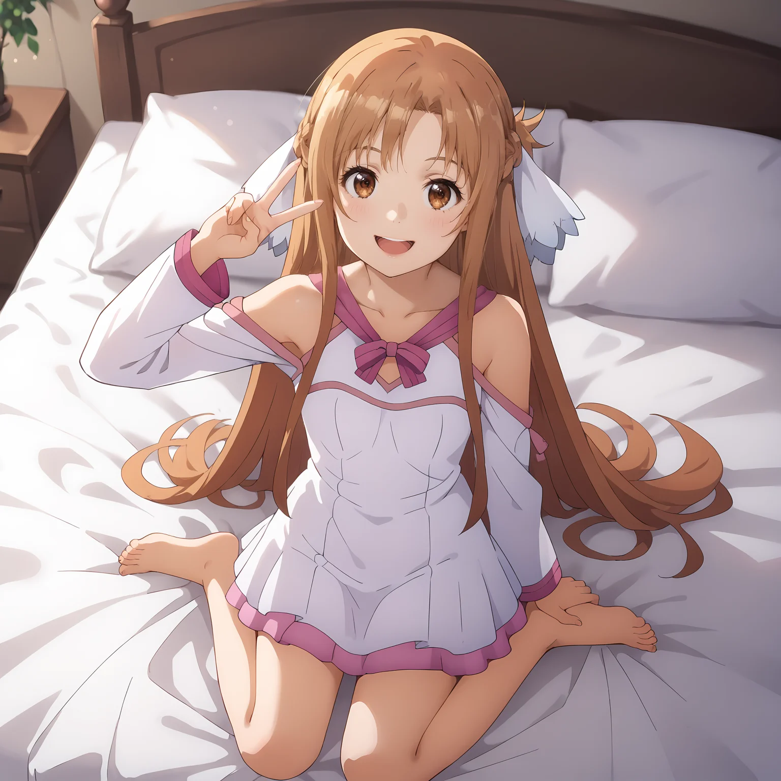cinematic film still score_9, score_8_up, score_7_up,source_anime, bedroom, 1girl, <lora:Asuna_Stacia_nightgown:0.9> astnig, asuna \(sao\), brown hair, long hair, brown eyes, white hair ribbon, off shoulder, long sleeves, halterneck, ribbon trim, white nightgown, two-tone dress, pink trim, layered skirt, sitting, on bed, full body, barefoot, looking at viewer, (from above:1.2), vanishing point, smile, sunlight, lens flare, leaning back, head tilt, upper teeth only, v, arm up, <lora:add-detail-xl:1.5> . shallow depth of field, vignette, highly detailed, high budget, bokeh, cinemascope, moody, epic, gorgeous, film grain, grainy